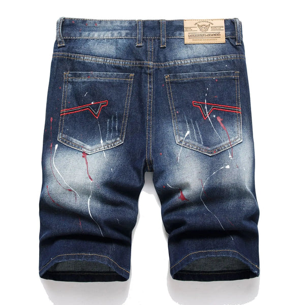 Street Art Men's Vintage Ripped Embroidered Denim Shorts Back View Dark Blue.