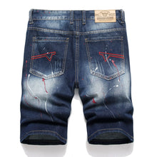 Street Art Men's Vintage Ripped Embroidered Denim Shorts Back View Dark Blue.