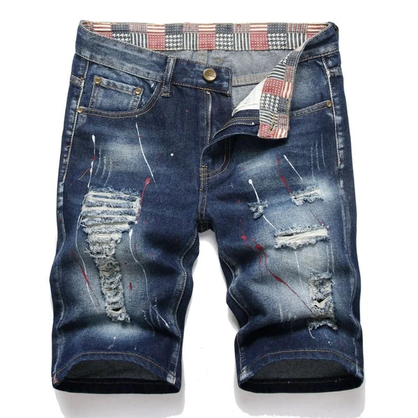 Street Art Men's Vintage Ripped Embroidered Denim Shorts Front View Dark Blue.