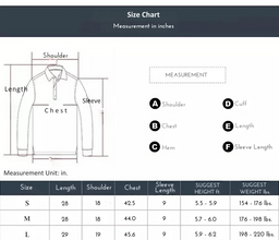 Size chart for embroidered contrast striped shirt with measurements in inches and suggested weight.