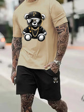 Close-up of Khaki Swaggeluxe Bearflex Shorts Set on model walking through the city.