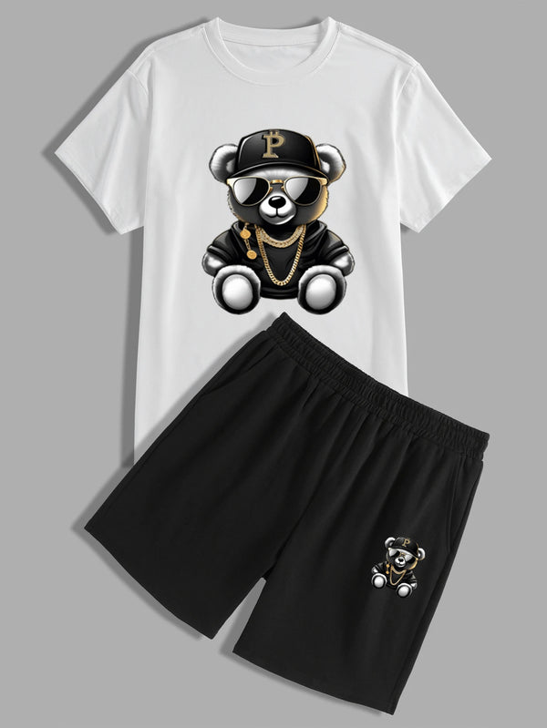 Full front flat lay of white teddy bear logo shirt and black shorts set