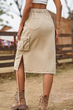Tan Rovelle Cargo Skirt back view showcasing adjustable side drawstring