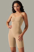 Side profile of tan active romper with high-stretch fabric and sculpting fit