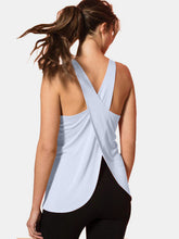 back design on tank top in light blue.