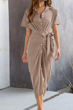 Front view of taupe Qivany midi shirt dress showing collared neckline, zigzag texture, and waist tie.