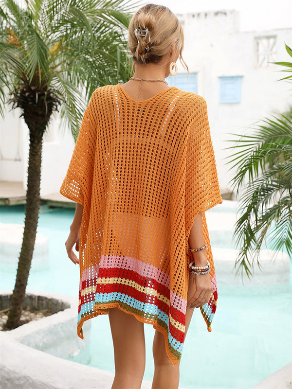 Back view of terracotta slit openwork V-neck half sleeve cover-up showing relaxed fit and breezy openwork design