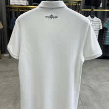 TexturaLoom Men’s Embossed Letter Polo White Back View on Hanger.