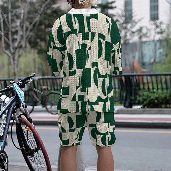 Model back view wearing Tropiverno™ Prism Tide Cream Geometric Print Shorts Set with relaxed fit