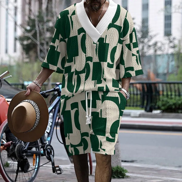 Model front view wearing Tropiverno™ Prism Tide Cream Geometric Print Shorts Set with relaxed fit