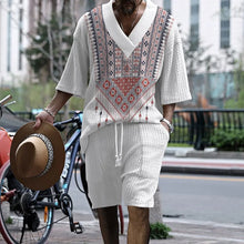 Model front view wearing Tropiverno™ Prism Tide White Dream Catcher Print Shorts Set with textured fabric