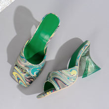 Turquoise Contrast Peep Toe Mid Heels Sandals top and side layout