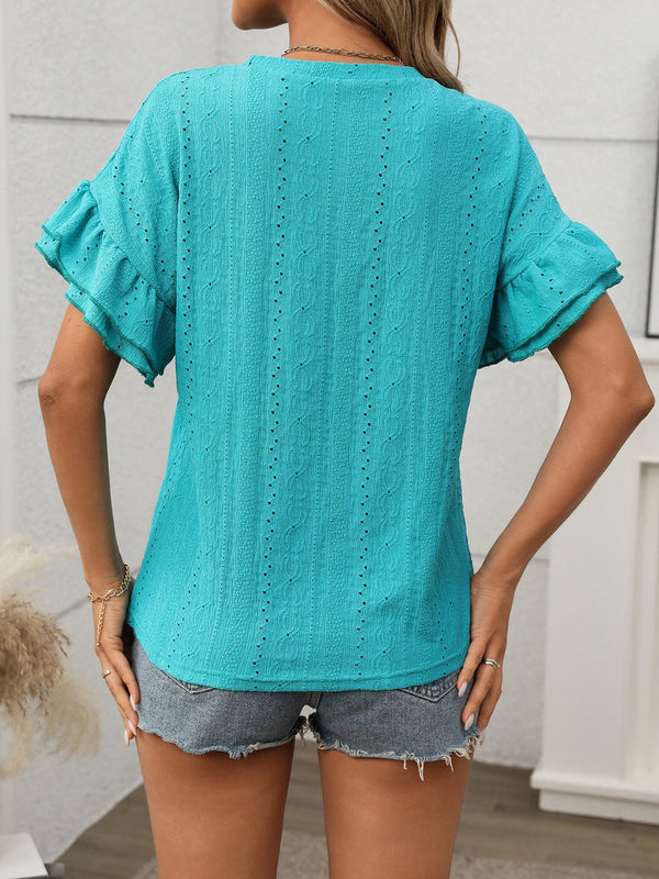 Back view of the Contrast Round Neck Short Sleeve Blouse in Turquoise Green, showing relaxed fit and contrast neckline detail.
