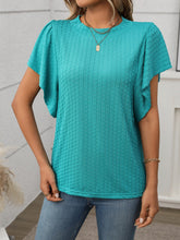 Side profile of the Round Neck Flutter Sleeve T-Shirt in turquoise green, highlighting the soft flutter sleeves and flattering round neckline.