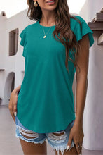 Turquoise ruffled round neck cap sleeve blouse front view