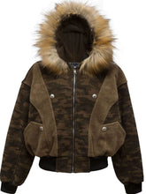 Urban Crest men’s camouflage faux fur hood jacket front view in coffee brown