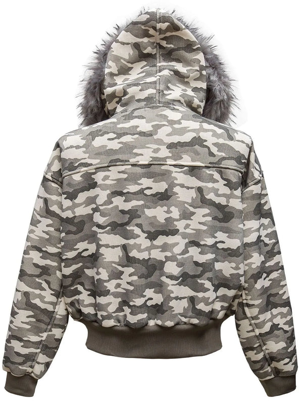 Urban Crest men’s camouflage faux fur hood jacket back view in Gray