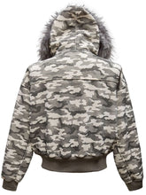 Urban Crest men’s camouflage faux fur hood jacket back view in Gray