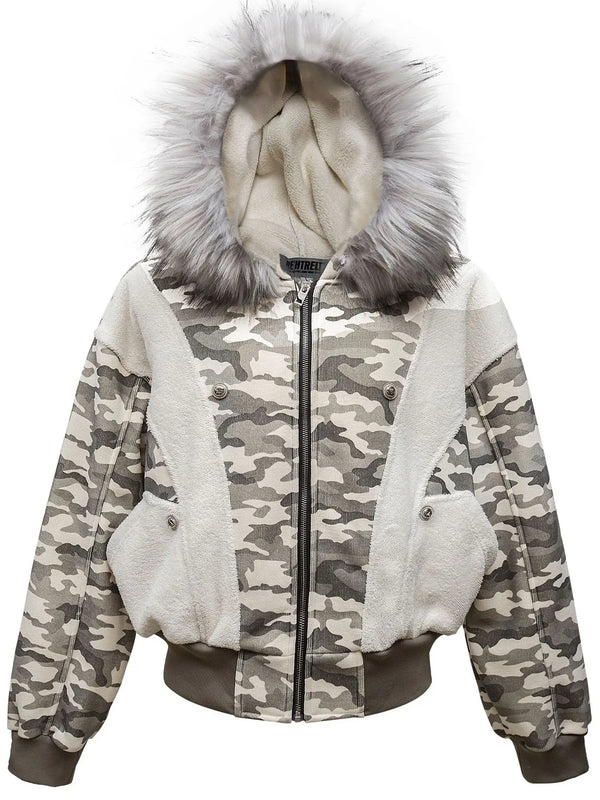 Urban Crest men’s camouflage faux fur hood jacket front view in Gray