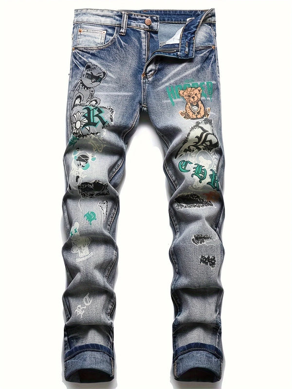Men’s urbn cub ice blue graffiti denim jeans front view slim straight fit