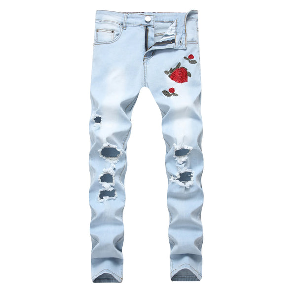 Front view of Valroze™ Embroidered Distressed Denim Jeans in light blue