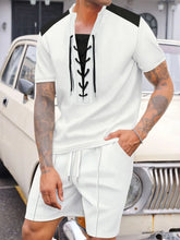 Men's ivory Valtren WaffleEdge lace-up waffle knit top and shorts set, front view of model sitting on an antique Bentley in a mansion driveway.