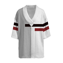 Front flat lay of Valverro StriLux shirt showing V-neck, split colors, and chest stripe.