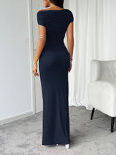 Back view of dark blue Vareliya Ruched One-Shoulder Maxi Dress featuring gathered ruching and sleek finish.