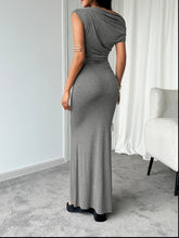 Back view of gray Vareliya Ruched One-Shoulder Maxi Dress showing gathered ruched detail and one-shoulder silhouette.