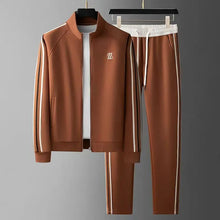 Front hanger display of Varnox LuxeTrak brown jacket and pants.