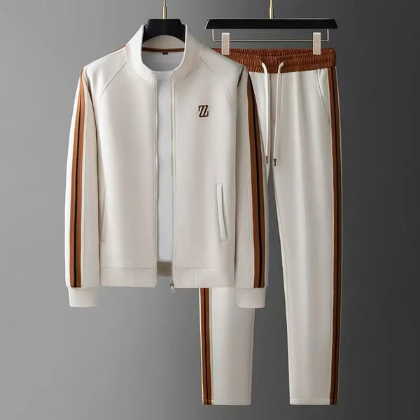 Front hanger display of Varnox LuxeTrak khaki jacket and pants.