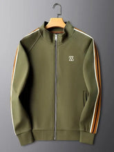 front view of Varnox LuxeTrak army green jacket close-up highlighting full zip closure and embroidered stripe design on a hanger.