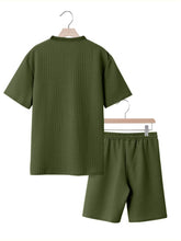 Army green textured set back view on hanger.