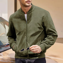 Model wearing Velaroux Retro Suede Stand Collar Jacket in Army Green, front pose