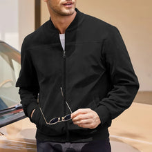 Model wearing Velaroux Retro Suede Stand Collar Jacket in Black, front pose