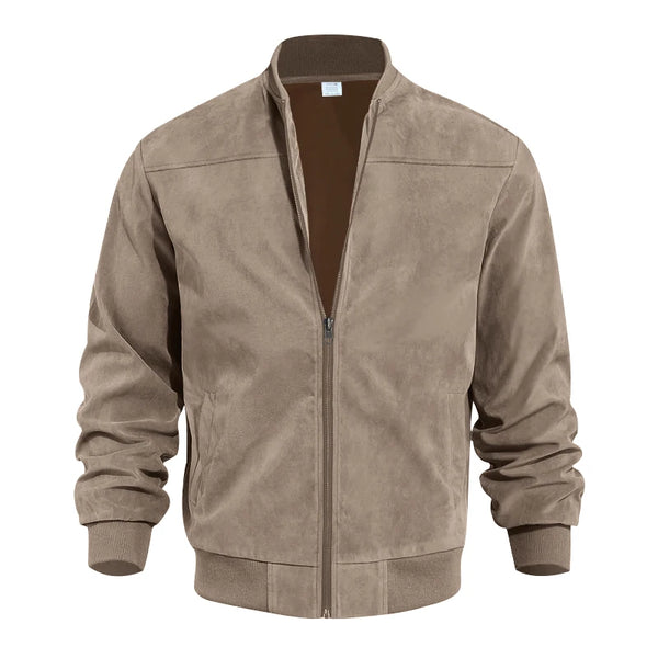 Velaroux Retro Suede Stand Collar Jacket in Brown, front view