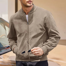 Model wearing Velaroux Retro Suede Stand Collar Jacket in Brown, front pose