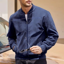 Model wearing Velaroux Retro Suede Stand Collar Jacket in Navy, front pose
