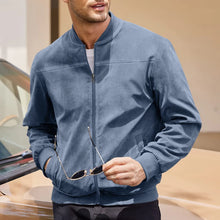 Model wearing Velaroux Retro Suede Stand Collar Jacket in Sea Blue, front pose