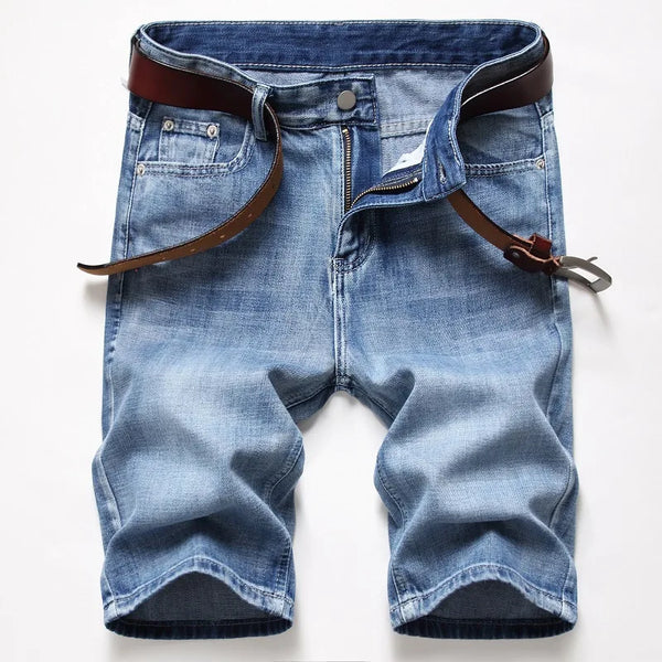 VeranoBlu Threads men’s slim fit washed vintage petite stretch jean shorts in light blue front view.