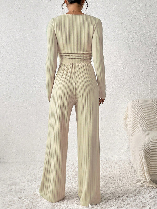 Verdelle Scoop Wide Leg Lounge Duo in khaki back view