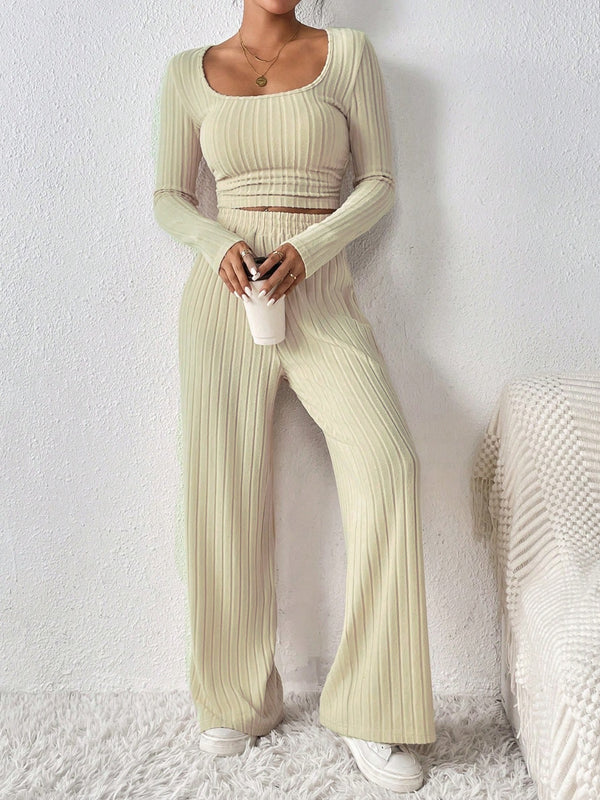 Verdelle Scoop Wide Leg Lounge Duo in khaki front view holding a coffee