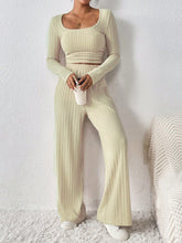 Verdelle Scoop Wide Leg Lounge Duo in khaki front view holding a coffee