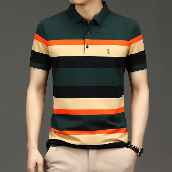 VertoStride Men’s Color Block Stripe Embroidered Polo Green Front View.
