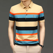 VertoStride Men’s Color Block Stripe Embroidered Polo Khaki Front View.
