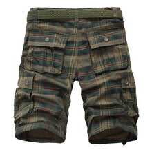 Rear view of Plaid green Veycor Terrain Flex men's Bermuda shorts with back pockets.