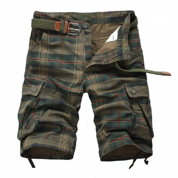 Men's Bermuda cargo shorts in Plaid Green front view. 