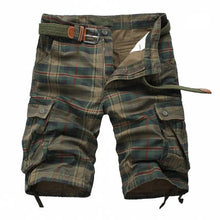 Men's Bermuda cargo shorts in Plaid Green front view. 