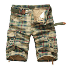 Men's Bermuda cargo shorts in Plaid Khaki front view. 