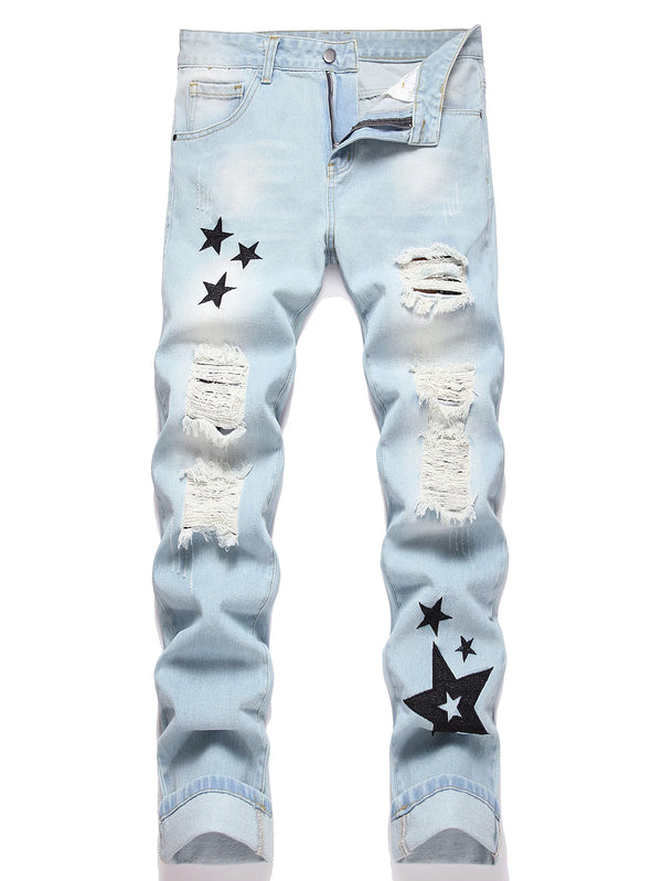 Front view of Veydrik Starwave men’s slim-fit distressed jeans in light blue with white backgound